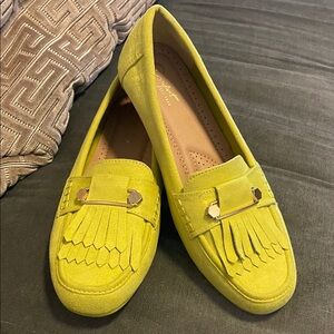 Women’s Yellow Suede Fringe Loafers with Gold Accent